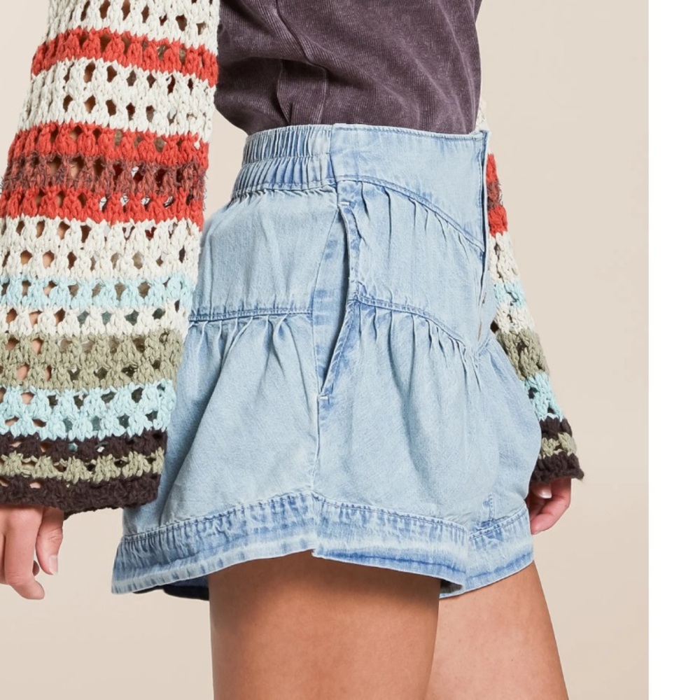 Free People Fleur Pleated Denim Shorts XL Ultra High Rise Belle Blue - Picture 2 of 9